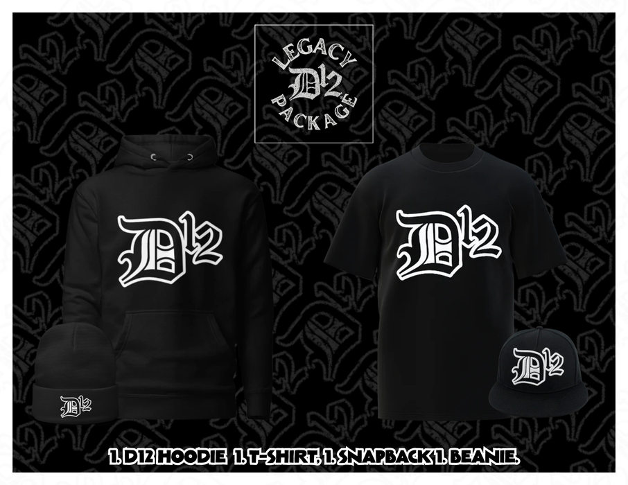 D12 Legacy Bundle comes with a Hoodie, T-Shirt, Snapback & Beanie