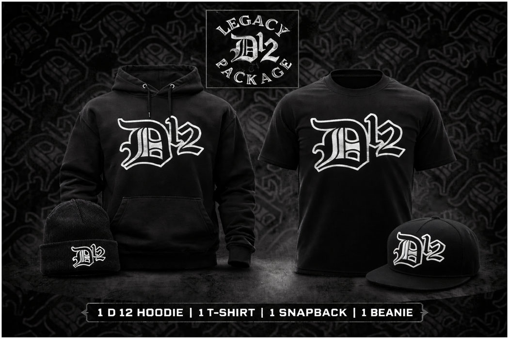 D12 Legacy Bundle comes with a Hoodie, T-Shirt, Snapback & Beanie